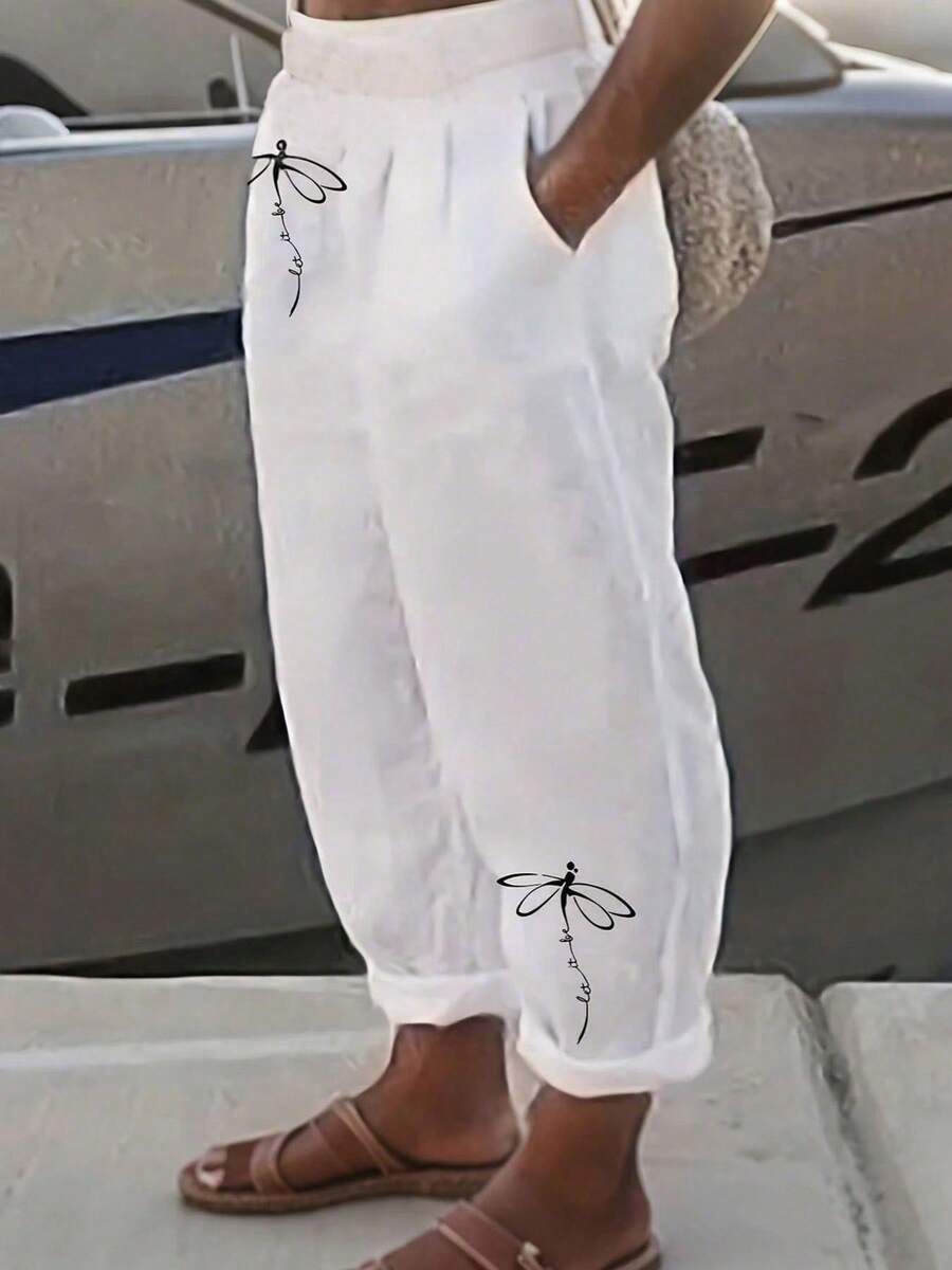 女士时尚斜口袋休闲波西米亚蜻蜓印花宽松裤，轻便舒适