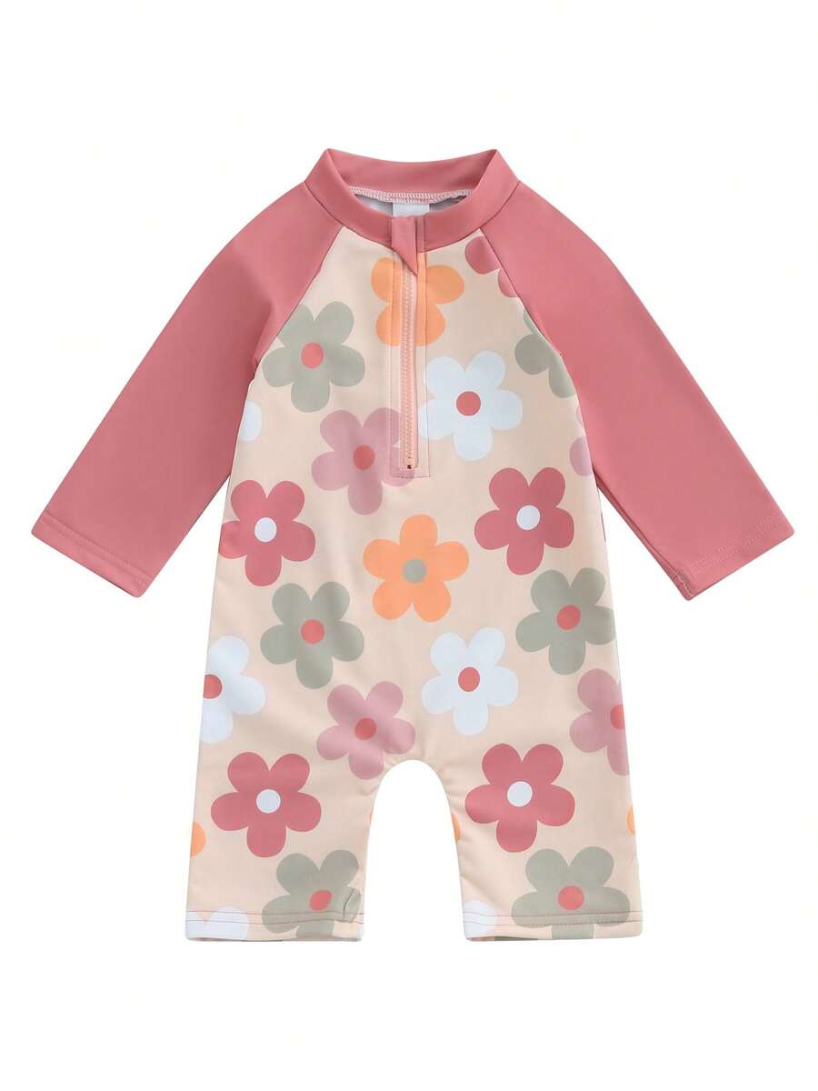 Toddler Boys  Girls Animal Floral Tree Print Rash Guard - Long Sleeve Zip Swimsuit For Kids - Pink - View 1