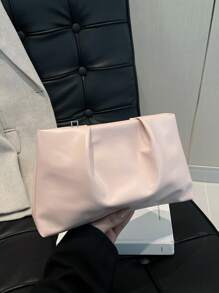 新款春夏时尚纯色手拿包24cm宽底褶皱云朵包纯色休闲信封包化妆包旅行配件包内胆包洗漱包收纳袋 - 粉色 - 查看 2