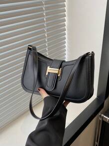 优雅新月形腋下单肩包，女士时尚休闲纯色腋下包 - 黑色 - 查看 2