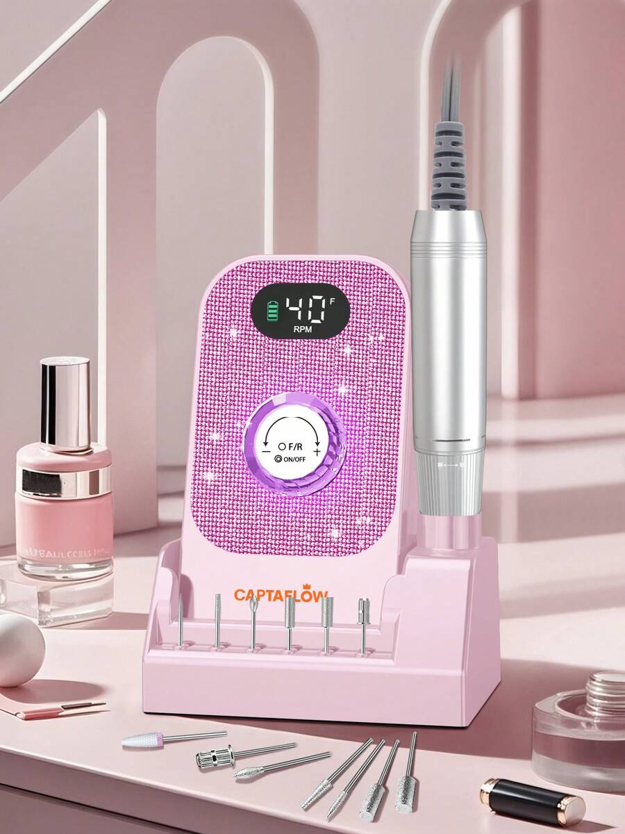 COSYGLOW 1Pc Electric Nail Drill File Nail Supplies, 40000RPM Professional Nail Drill With Bits & Base, Pink Diamond Rechargeable Nail E File Machine For Remover Gel Nail Polish Acrylic Nails Manicure For Salon Home - Kim Cương Hồng & Hồng - Xem 1