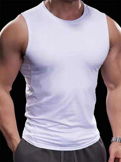 Men's Sports Fitness Sleeveless Vest, High Elastic Knitted Fabric, Solid Color, Tight Fit Style, Quick Dry Fitness Sports Tank Top, Suitable For Gym, Running, Training, Outdoor