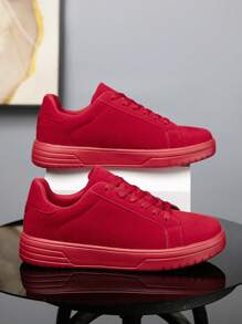 男士经典时尚纯色拼接低帮系带红色厚底滑板鞋，个性化青少年户外舒适运动休闲鞋