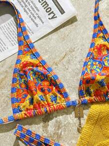 Women's Floral Print Halter Trim Contrast Color Bikini Set, 2 Pieces Swimwear - Multicolor - View 4