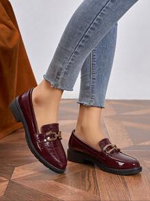 2025 Autumn Women's Spring Loafers - Burgundy Patent Leather Platform Slip-Ons, Round-Toe & Metal Buckle For Casual Chic