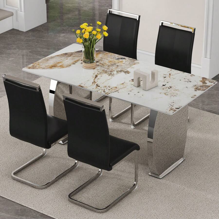 MUUOKY Juego de mesa de comedor de 71" para 6, juego de mesa de comedor con tablero de vidrio de imitación de mármol de 0,4" de espesor, juego de mesa de cocina de 7 piezas, mesa de comedor rectangular moderna con 6 sillas de PU para comedor, cocina, juego de mesa para decoración de habitaciones, decoración del hogar, accesorios de cocina, decoración del día de San Valentín, cocina, boda, día de San Valentín