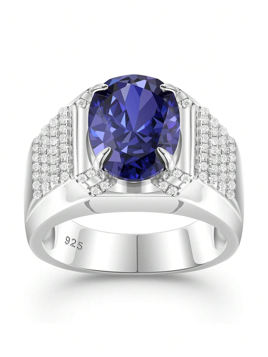 AIHUASI 1pc Luxury Vintage 925 Sterling Silver Wedding Engagement Rings For Men 14x10mm 5.6 Ct Oval Cut Sparkling Blue Tanzanite Fine Jewelry Valentines Gift