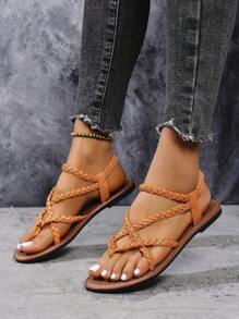 女士编织平底凉鞋，黑色、棕色、米色、咖啡色露趾人字拖，纯色防滑拖鞋，适合室内和室外使用