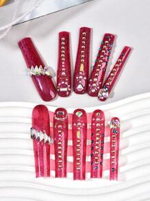 10Pcs Red Handmade Nails Set Press On Long Coffin Squaer False Nail With Rhinestone Glistening Design Reusable Full Cover Fake Nail,1pc Nail File And 1pc Nail Glue, Suitable For Girls And Women Festival Parties And Daily Wear Holiday Gifts Nail Art Nail Salon(Note: Handmade Slight Color Variation In Base Color, Accessories And Rhinestones Due To Batch Difference, Which Is Normal)