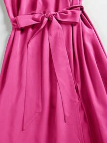 Women's Side Slit One-Shoulder Long Evening Dress With Belt - Hot Pink - View 6