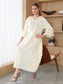 ASBB 重工刺繡彩色3D花卉串珠阿拉伯女式JALABIYA長裙，流蘇蛋糕袖，白色優雅禮服，2026秋季派對度假休閒穿搭，沙烏地國慶日造型 - 黃色 - 查看 11