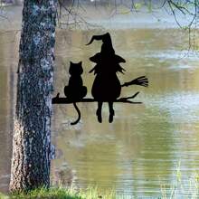 Decoración de pared de silueta metálica - Bruja y gato, adecuada para decoración del hogar, jardín y patio | Regalo ideal para cumpleaños y inauguración de la vivienda