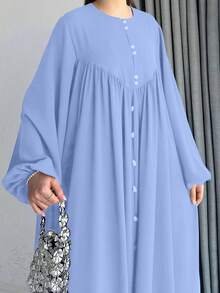 女士优雅仙女风单排扣灯笼袖长款阿拉伯连衣裙 春季 - 淺藍色 - 查看 3