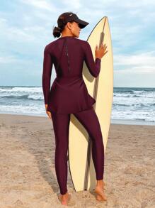Solid Color Side Waist Twist Long Sleeve Top And Pants Burkini Swimwear Set For Beach Vacation - Red Violet - View 2