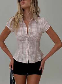 Women's Y2K Plaid Shirt Button-Up Short Sleeve Collared Slim Fit Casual Summer Blouse Tops - Hồng - Xem 5