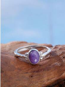 Natural Moonstone Turquoise Charoite Women's Ring Genuine 925 Sterling Silver Adjustable Wedding Bands 7*5mm Oval Gemstone Healing Jewelry For Daily Wear Gifts - View 3