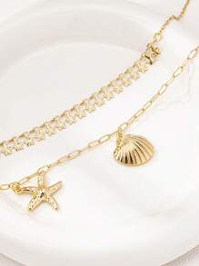 2 件海洋主题金属海星、珍珠和贝壳吊坠项链，女士时尚双层颈链 - 金色 - 查看 3