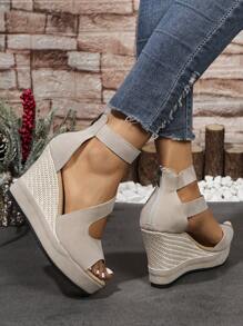 女士新款夏季绒面厚底坡跟露趾凉鞋，镂空露趾拉链高跟凉鞋 - 米色 - 查看 5