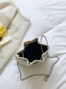 迷你灯芯绒链条水桶包，金属抽绳设计钱包，女士斜挎包祝福包派对包