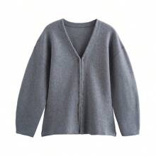 Women's Simple Solid Color Fitted Knit Jacket, Custom Hem - Light Grey - View 2