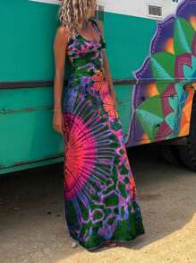 Women Summer Casual Long Dress Tie-Dye Print U-Neck Sleeveless Dress Cross Backless Thin Dress - 綠色 - 查看 1