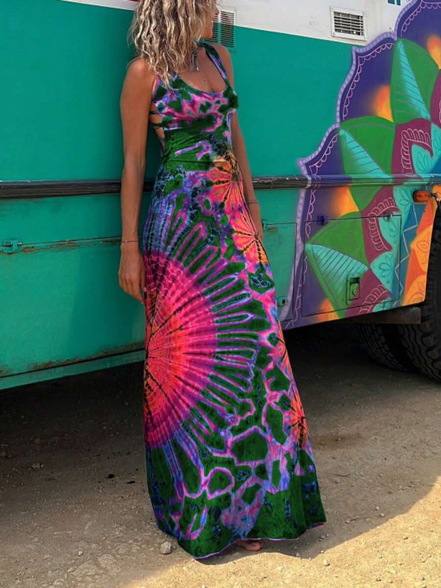 Women Summer Casual Long Dress Tie-Dye Print U-Neck Sleeveless Dress Cross Backless Thin Dress - 綠色 - 查看 1