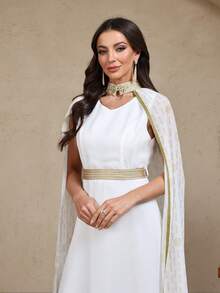 Dubai Style Allover Print High Waist 2 Pieces Set, Long Dress With Shawl,Modest - White - View 8