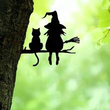 Decoración de pared de silueta metálica - Bruja y gato, adecuada para decoración del hogar, jardín y patio | Regalo ideal para cumpleaños y inauguración de la vivienda