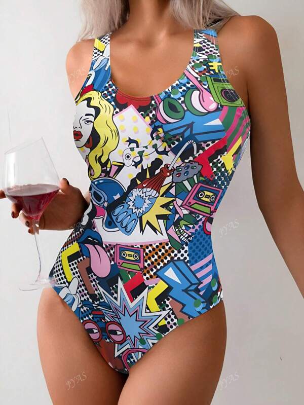 Sexy Unspecified Print One-Piece Swimsuit, Body Confident, Soft, Chest Pads, Skin-Friendly, Slimming,Women, European And American Popular, Bikini Swimwear, Adjustable Print, Retro Print, New Bikini, Beach, Seaside