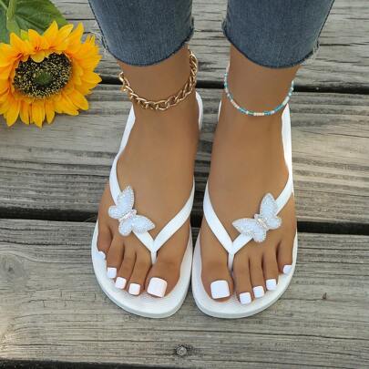 1 Pair Fashion Simple Thong Sandals For Teen Girls, New Summer Design With Butterfly Decoration, Suitable For Outdoor Activities And Beach