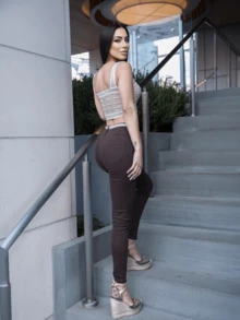 Carolina Barros Áo dệt kim nữ Tương phản ràng buộc Nút phía trước Sọc Giải trí - Màu Khaki - Xem 2