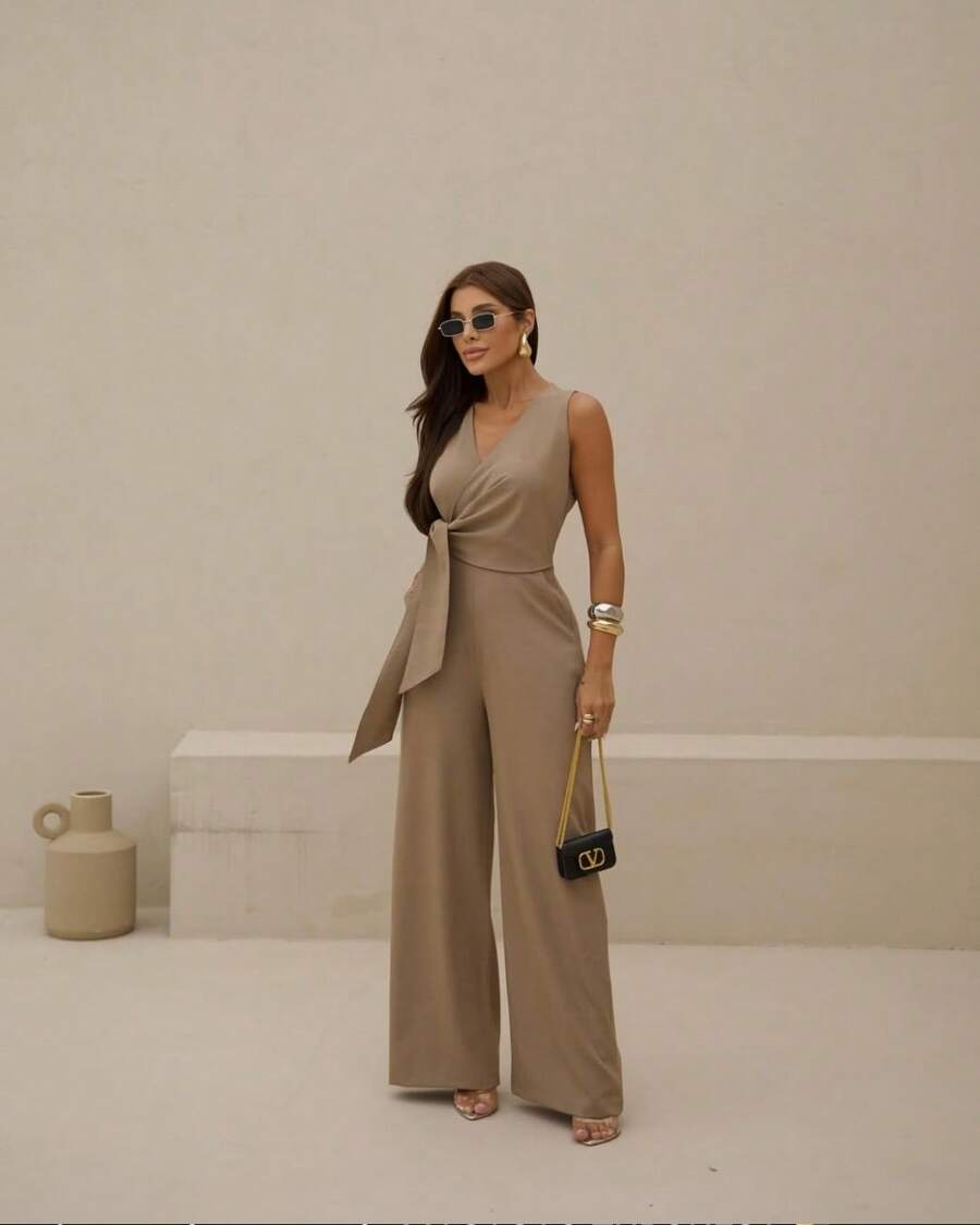 Long Wrap Jumpsuit With V-Neckline - Beige - View 1