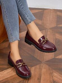2025 Autumn Women's Spring Loafers - Burgundy Patent Leather Platform Slip-Ons, Round-Toe & Metal Buckle For Casual Chic