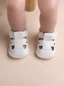 1 Pair Kids Boys' Solid Color PU Hook And Loop Design Flat Hollow Breathable Indoor Infant/Toddler Sandals, Suitable For Summer - White - View 5