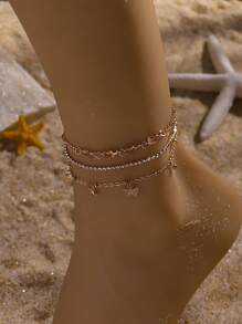 2pcs/Set Summer Sexy Gold Rhinestone Winged Butterfly & Star Anklet Set, Suitable For Women Daily Casual Beach Holiday Wear - Yellow Gold - View 15