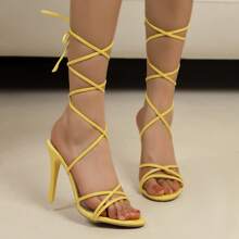 2025 New Stylish Sexy Casual Pointed Toe Criss-Cross Straps Slim High Heel Sandals For Women - Yellow - View 3