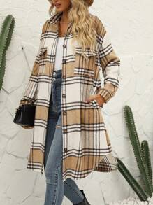 Women's Loose Lounge Lapel Button Down Color Block Flannel Plaid Shirt Jacket Shacket Coat - 卡其色 - 查看 5