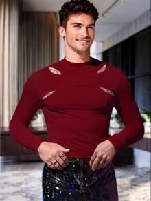 Playera Asimétrica con Cuatro Hoyos en el Pecho y Manga Larga para Hombre - Rojo violeta - Ver 1