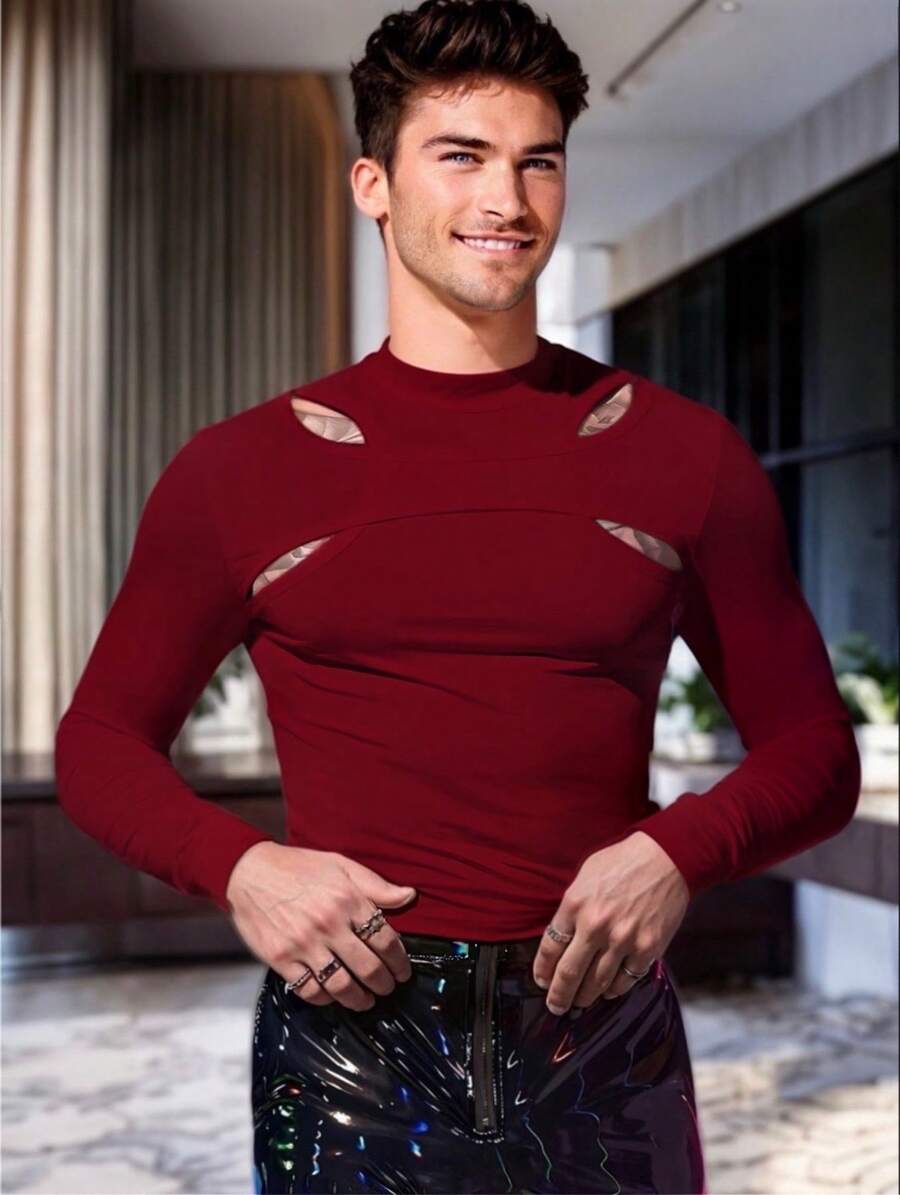 Playera Asimétrica con Cuatro Hoyos en el Pecho y Manga Larga para Hombre - Rojo violeta - Ver 1