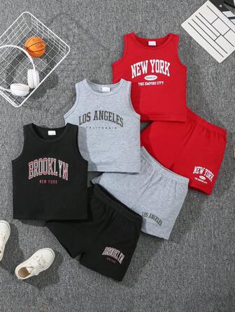 Bhchntiy Set de 6 piezas de ropa casual de verano para bebé niño con parte superior de cuello redondo y pantalones cortos con estampado de letras "Los Ángeles, Nueva York, Brooklyn"