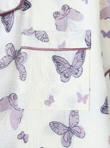 [Elegant Fields]2pcs Butterfly Print Collared Single-Breasted Short Sleeve Top With Pockets & Bowknot Shorts Pajama Set, Comfortable For Home Wear, Spring/Summer - White - View 4