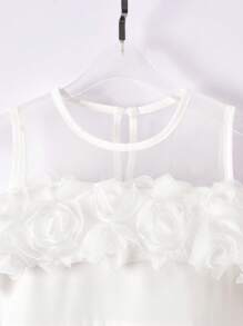 Vihyde 1件女童优雅3D玫瑰花半透明露肩双层薄纱派对礼服，适合婚礼、毕业典礼、生日等场合 - 白色 - 查看 5
