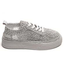 Low-Top Lace-Up Sneakers With Openwork Upper And Platform Sole - Grey - View 2