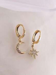 Asymmetric Star & Moon Rhinestone Earrings, Fashionable Minimalist Star Moon Design Ear Jewelry