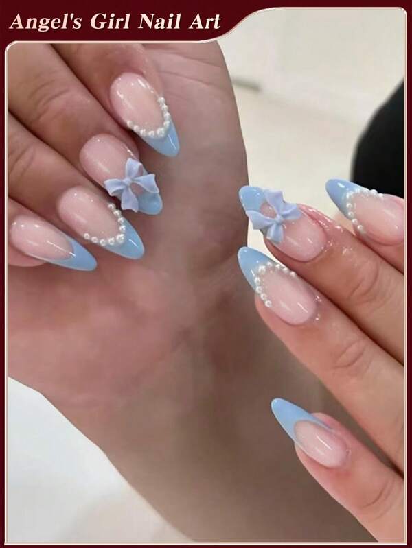 Discover The Magic Of Nail Couture ,24Pcs Almond Blue French Tip Press On Nails ,Pearls And Bows Trim Design, Easy To Wear Acrylic False Nail Set,Contain 1Pc Jelly Glue And 1Pc Nail File, Suitable For Women And Girls Daily Life And All Kinds Of Party Use Nail Supplies Nails