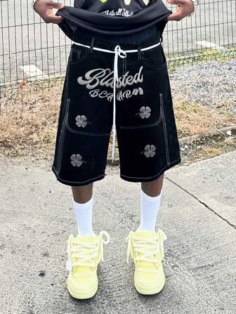 宽松直筒四叶草刺绣牛仔短裤、休闲及街头风牛仔短裤