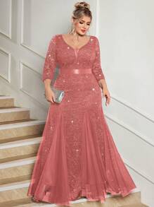 Plus Size Deep V-Neck Sequin Floral Lace Contrast Mesh Mermaid Hem Evening Party Formal Maxi Dress - Dusty Pink - View 4