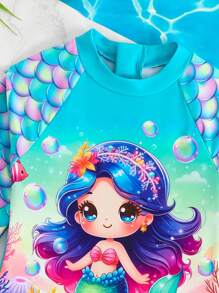 年轻女孩可爱美人鱼鳞片印花长袖前拉链连体泳衣 - 彩色 - 查看 4