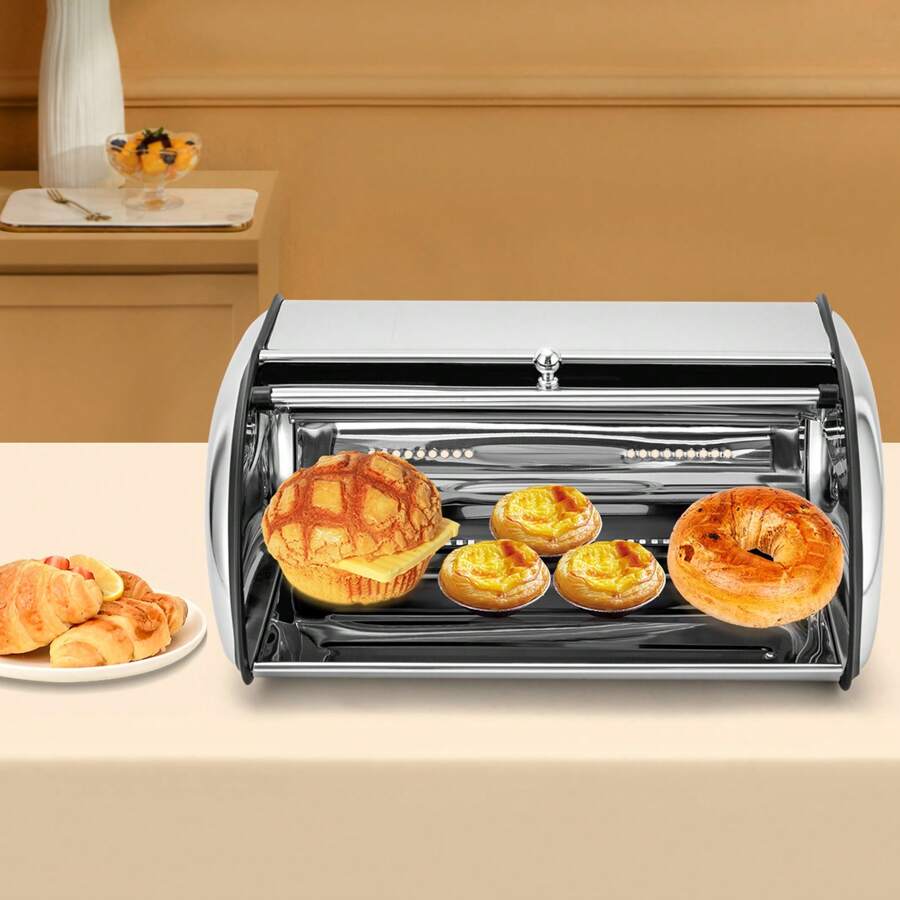 YUNRUX Bread Box Stainless Steel, Kitchen Bread Box With Roll-Up Lid And Ventilation Holes - Silver - View 1