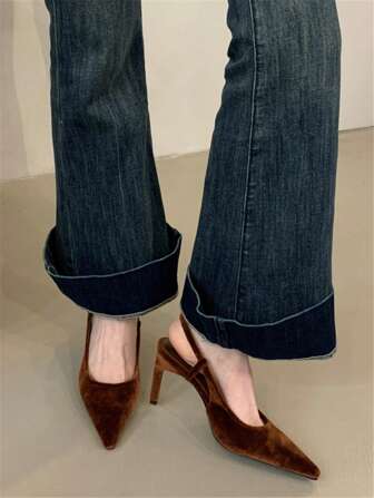 Women Pointed Toe Back Strap Solid Color Sandals Suede Leather High Heels Pumps Summer Fashion Elegant Sexy Retro Ladies Shoes